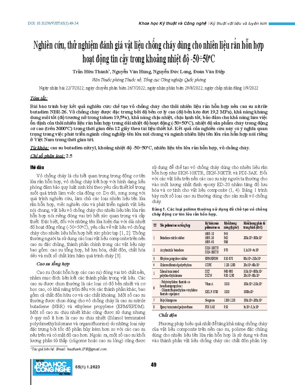 Nghiên cứu, thử nghiệm đánh giá vật liệu chống cháy dùng cho nhiên liệu rắn hỗn hợp hoạt động tin cậy trong khoảng nhiệt độ -50÷50oC = Research, test and evaluate fireproof materials for mixed solid fuels operating reliably in the temperature range -50÷50