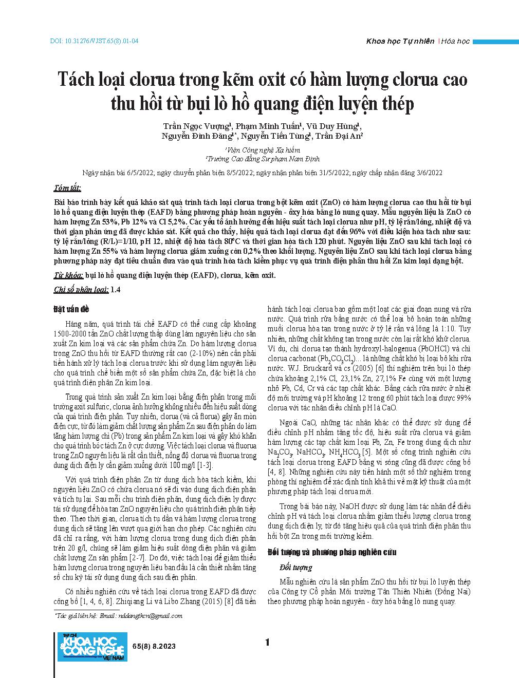 Tách loại clorua trong kẽm oxit có hàm lượng clorua cao thu hồi từ bụi lò hồ quang điện luyện thép = Removal of zinc oxide with high content of chlorides derived from steel mill electric arc furnace dust