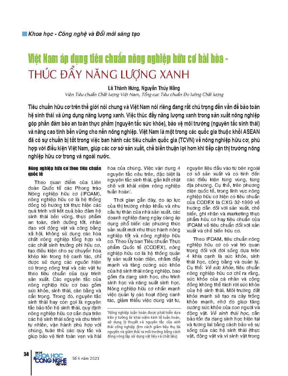 Việt Nam áp dụng tiêu chuẩn nông nghiệp hữu cơ hài hòa - thúc đẩy năng lượng xanh