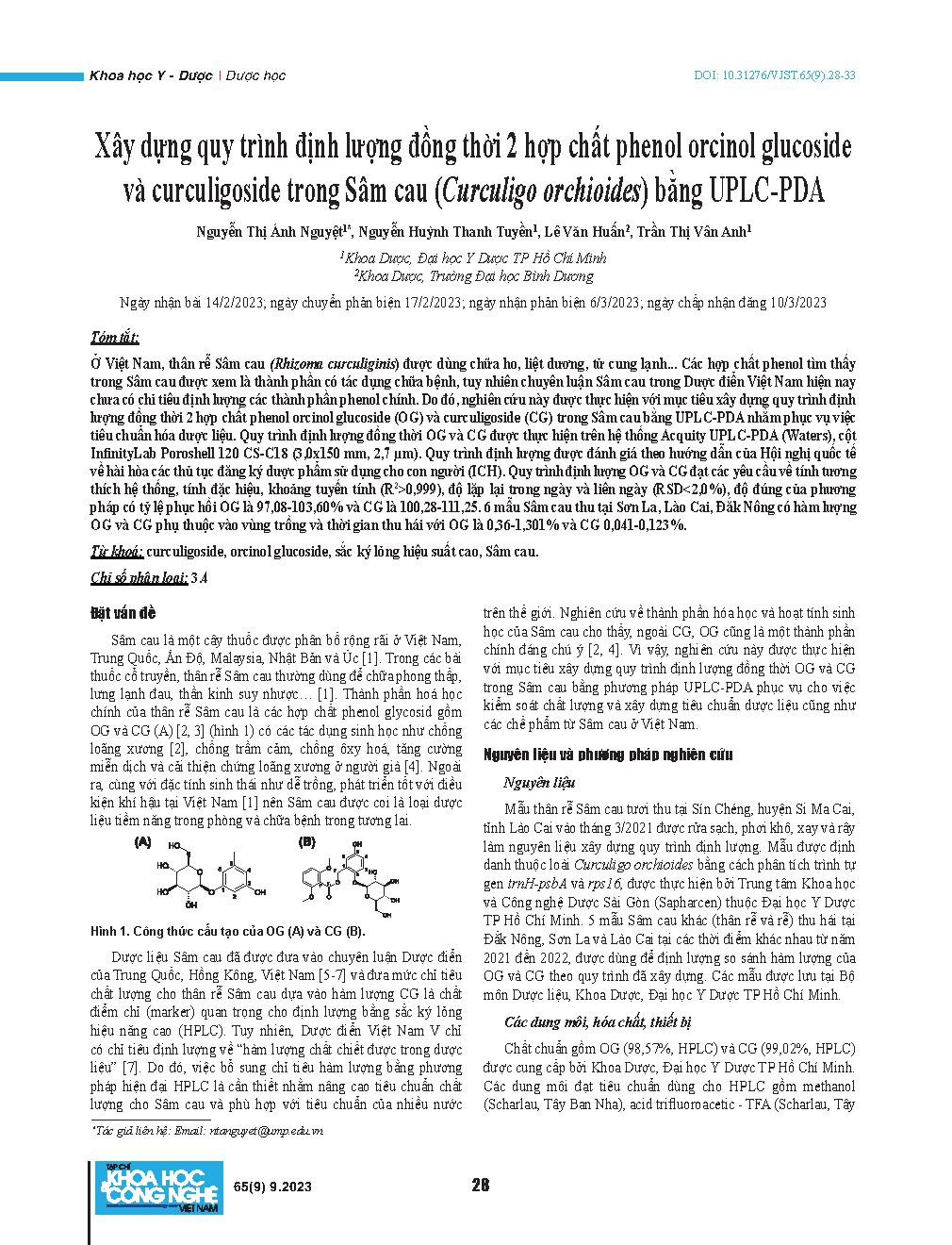 Xây dựng quy trình định lượng đồng thời 2 hợp chất phenol orcinol glucoside và curculigoside trong Sâm cau (Curculigo orchioides) bằng UPLC-PDA = Method development for the simultaneous quantification of orcinol glucoside and curculigoside in Curculigo or