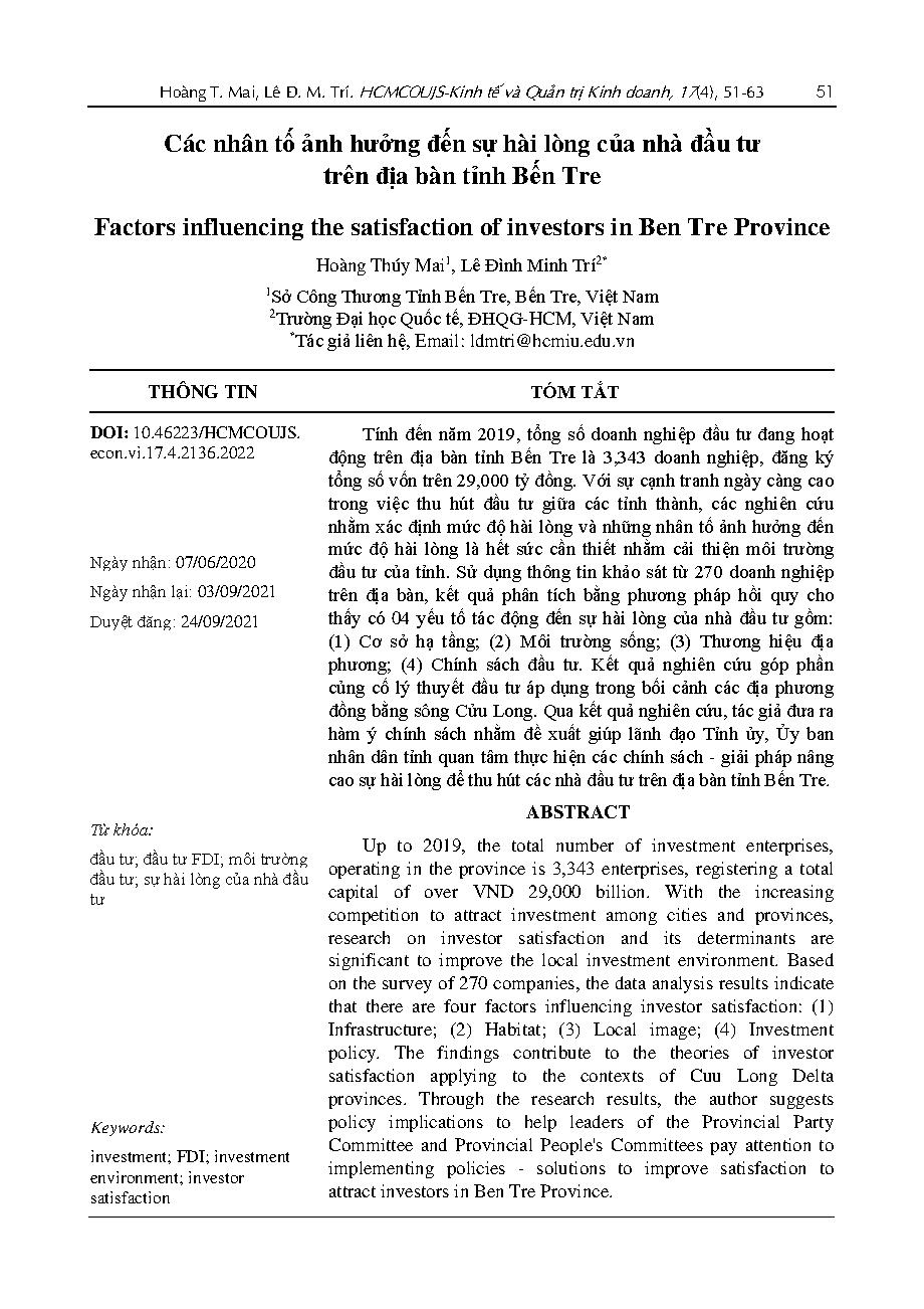Các nhân tố ảnh hưởng đến sự hài lòng của nhà đầu tư trên địa bàn tỉnh Bến Tre = Factors influencing the satisfaction of investors in Ben Tre Province
