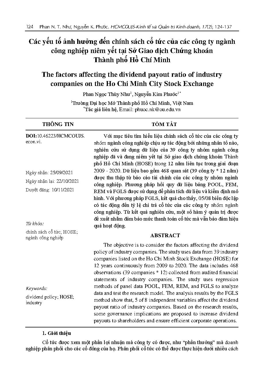 Các yếu tố ảnh hưởng đến chính sách cổ tức của các công ty ngành công nghiệp niêm yết tại Sở Giao dịch Chứng khoán Thành phố Hồ Chí Minh = The factors affecting the dividend payout ratio of industry companies on the Ho Chi Minh City Stock Exchange