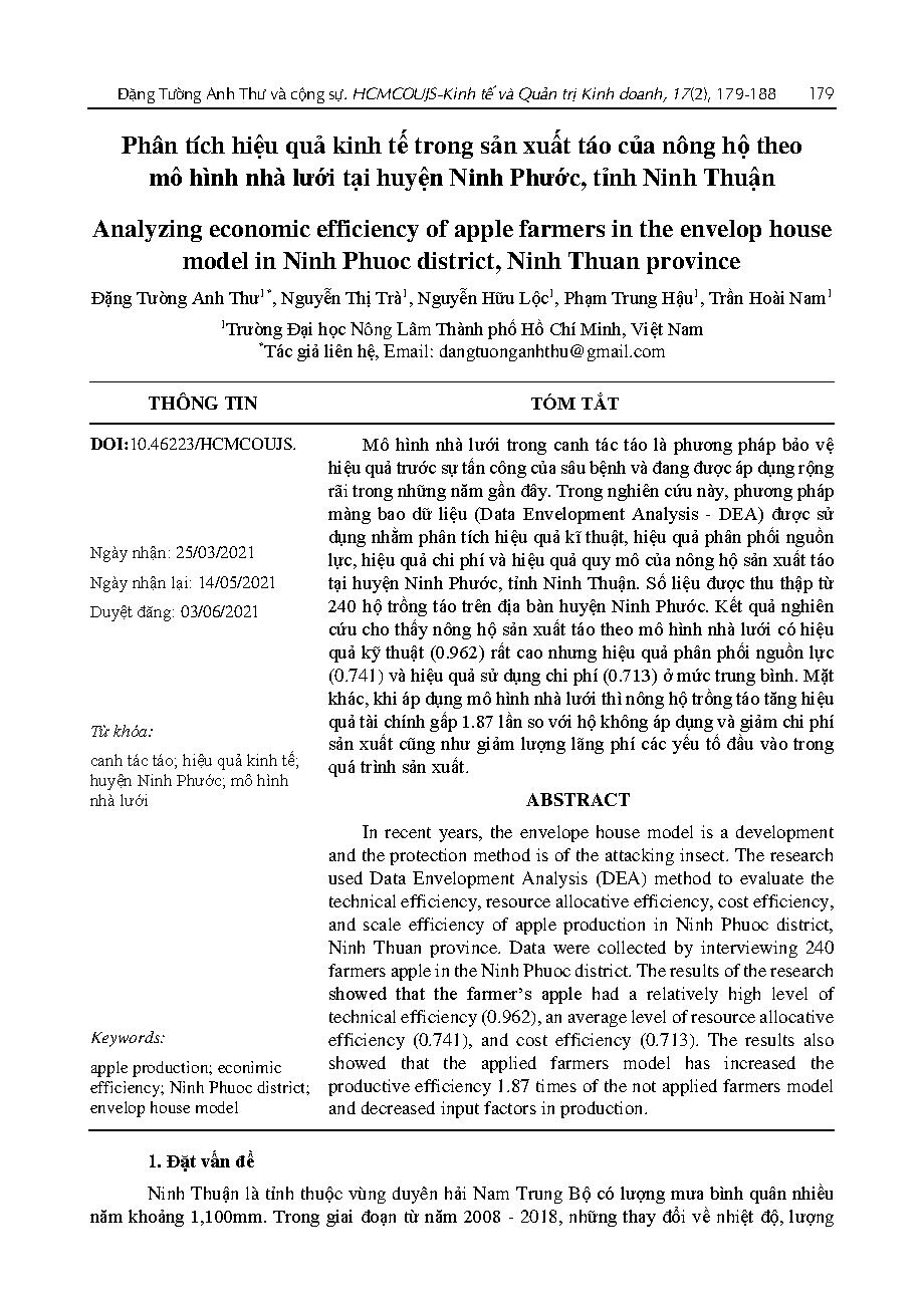 Phân tích hiệu quả kinh tế trong sản xuất táo của nông hộ theo mô hình nhà lưới tại huyện Ninh Phước, tỉnh Ninh Thuận = Analyzing economic efficiency of apple farmers in the envelop house model in Ninh Phuoc district, Ninh Thuan province