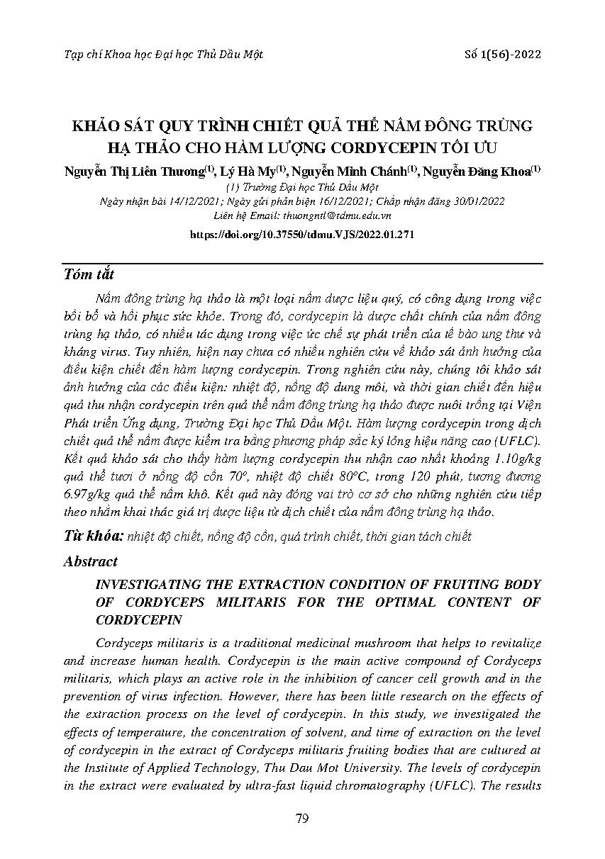 Khảo sát quy trình chiết quả thể nấm đông trùng hạ thảo cho hàm lượng cordycepin tối ưu = Investigating the extraction condition of fruiting body of cordyceps militaris for the optimal content of cordycepin