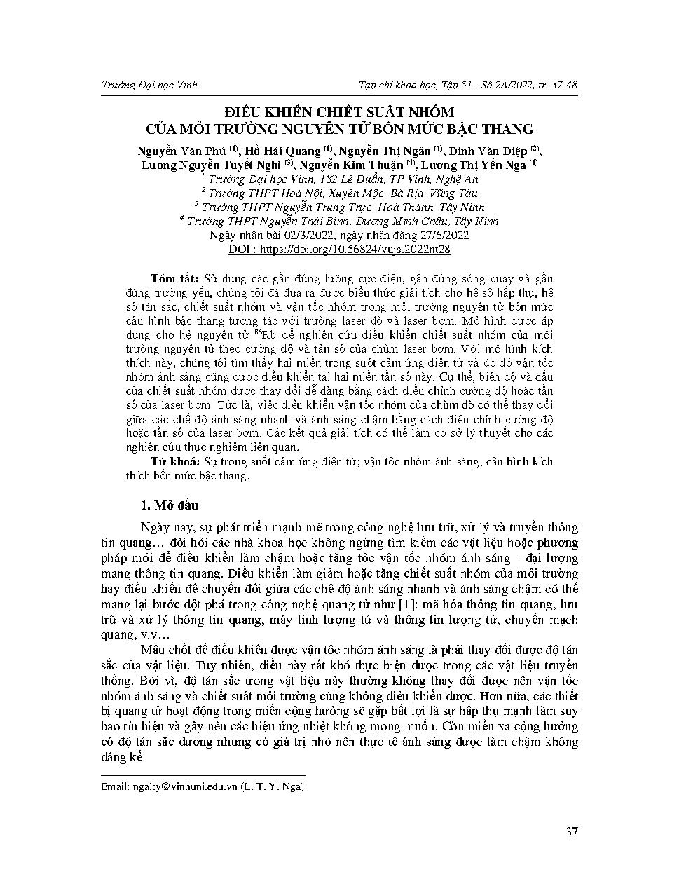 Điều khiển chiết suất nhóm của môi trường nguyên tử bốn mức bậc thang = Controlling the group index in a four-level cascade atomic medium