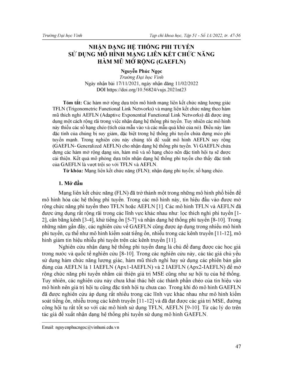 Nhận dạng hệ thống phi tuyến sử dụng mô hình mạng liên kết chức năng hàm mũ mở rộng (gaefln) = Nonlinear system identification based on generalized adaptive exponential function link networks model
