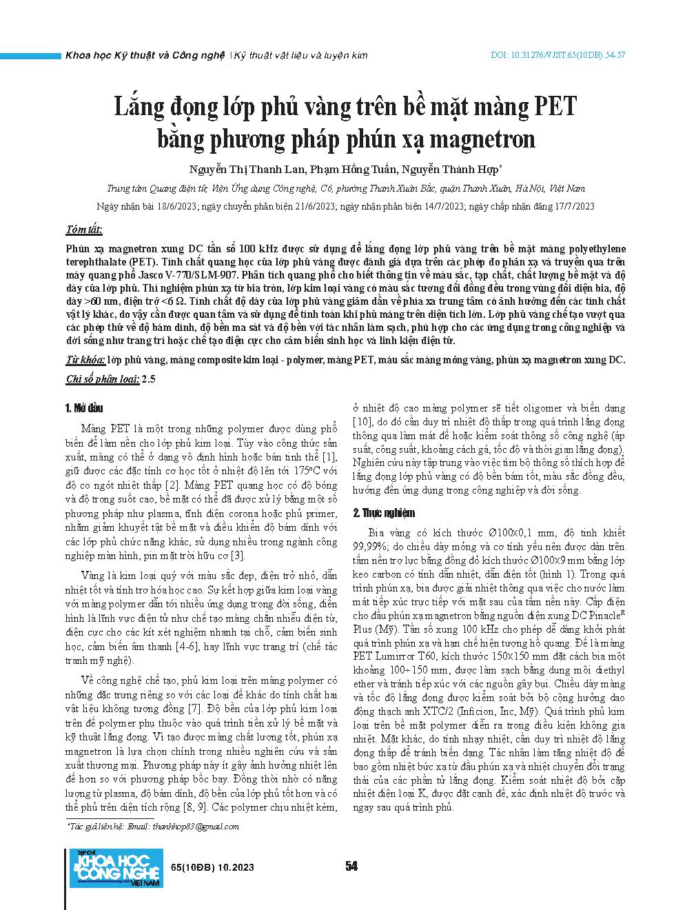 Lắng đọng lớp phủ vàng trên bề mặt màng PET bằng phương pháp phún xạ magnetron = Deposition of gold on a PET film by pulsed DC magnetron sputtering