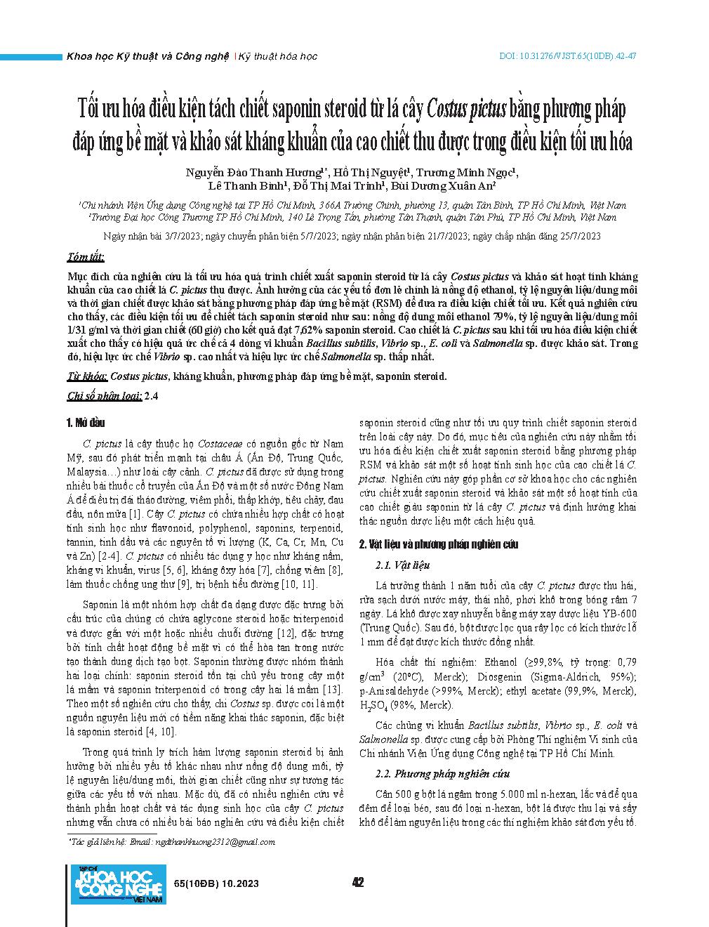 Tối ưu hóa điều kiện tách chiết saponin steroid từ lá cây Costus pictus bằng phương pháp đáp ứng bề mặt và khảo sát kháng khuẩn của cao chiết thu được trong điều kiện tối ưu hóa = Optimising steroid saponins extraction from Costus pictus leaves using resp