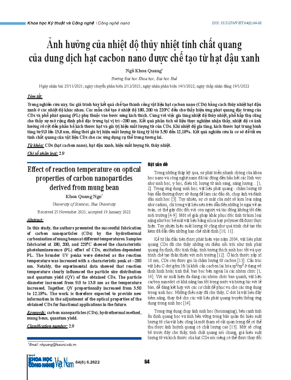 Ảnh hưởng của nhiệt độ thủy nhiệt tính chất quang của dung dịch hạt cacbon nano được chế tạo từ hạt đậu xanh = Effect of reaction temperature on optical properties of carbon nanoparticles derived from mung bean