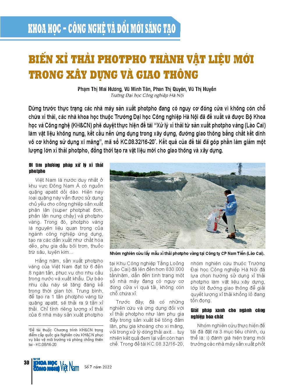 Biến xỉ thải photpho thành vật liệu mới trong xây dựng và giao thông = Turn phosphorus waste slag into new materials in construction and transportation