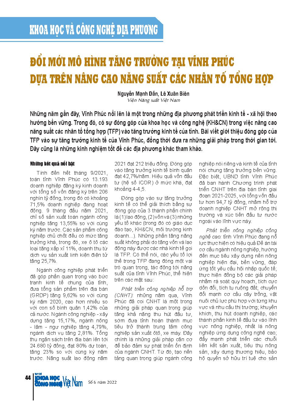 Đổi mới mô hình tăng trưởng tại Vĩnh Phúc dựa trên nâng cao năng suất các nhân tố tổng hợp = Renovating the growth model in Vinh Phuc based on improving the productivity of synthetic factors