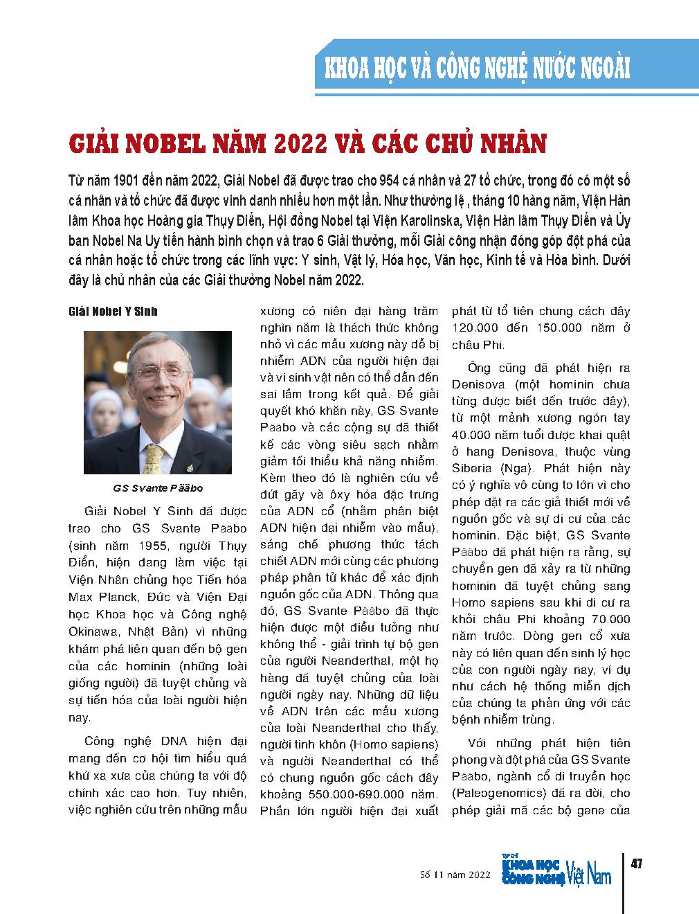 Giải Nobel năm 2022 và các chủ nhân = The 2022 Nobel Prize and its winners