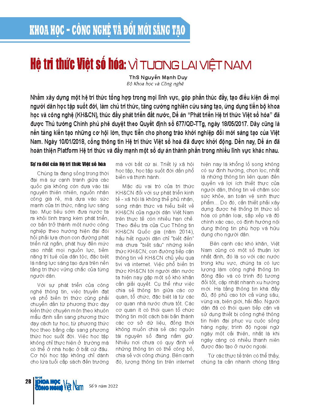 Hệ tri thức Việt số hóa: Vì tương lai Việt Nam = Digital Vietnamese knowledge system: For the future of Vietnam