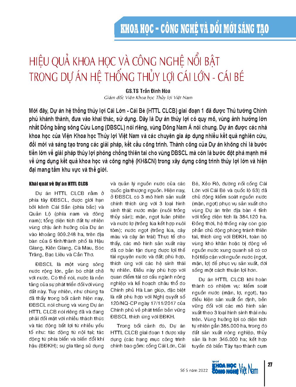 Hiệu quả Khoa học và công nghệ nổi bật trong dự án hệ thống thủy lợi Cái Lớn - Cái Bé = Outstanding Science and Technology Effect in the Cai Lon - Cai Be irrigation system project