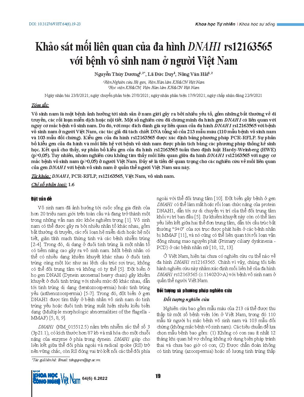 Khảo sát mối liên quan của đa hình DNAH1 rs12163565 với bệnh vô sinh nam ở người Việt Nam = Study on the association of DNAH1 rs12163565 with male infertility in Vietnamese individuals