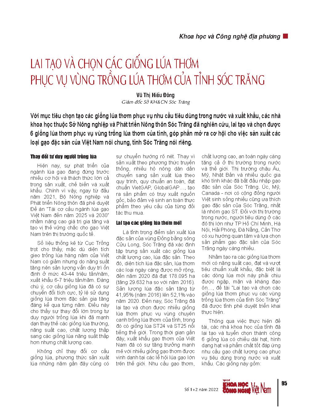 Lai tạo và chọn các giống lúa thơm phục vụ vùng trồng lúa thơm của tỉnh Sóc Trăng