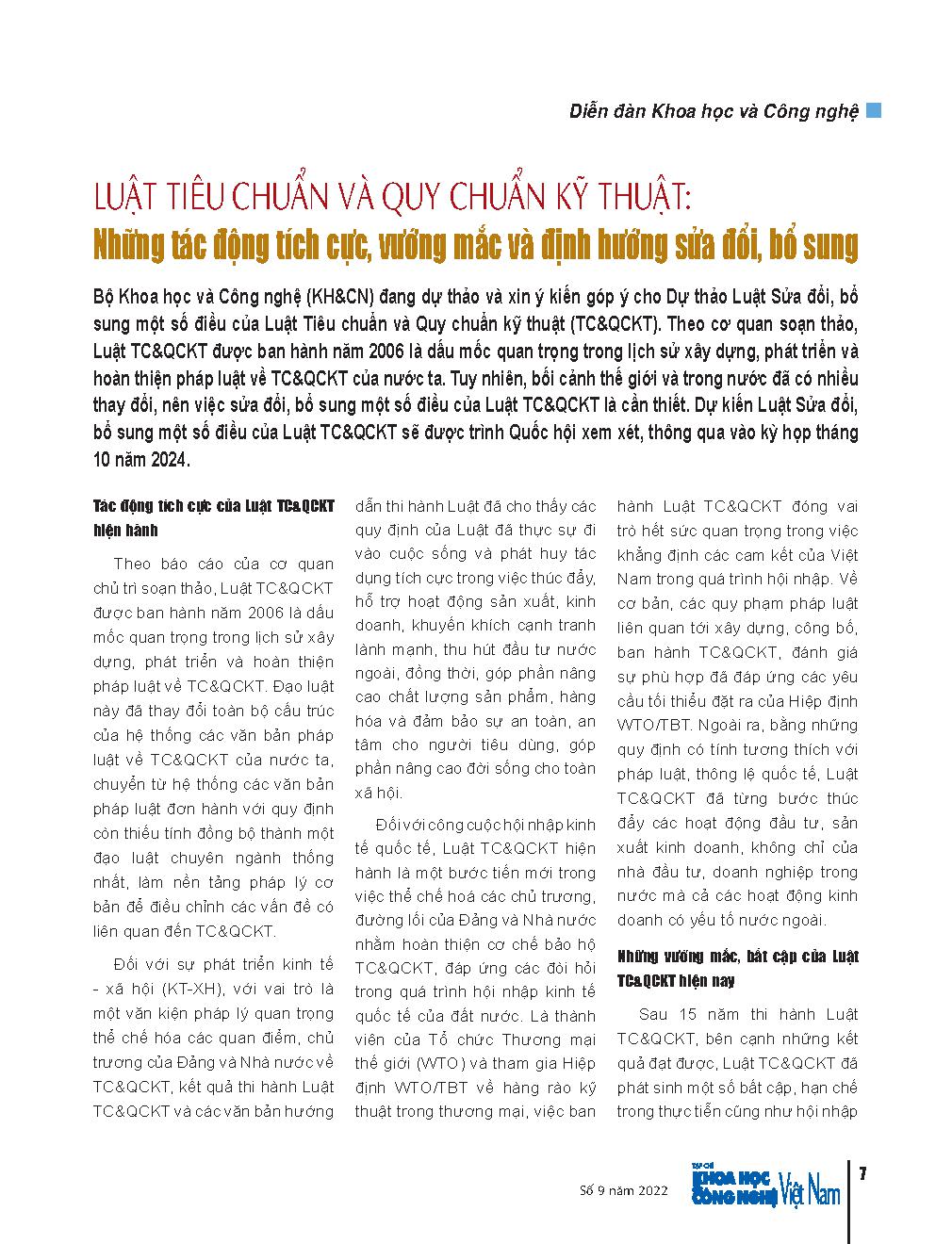 Luật Tiêu chuẩn và Quy chuẩn kỹ thuật: Những tác động tích cực, vướng mắc và định hướng sửa đổi, bổ sung = Law on Standards and Technical Regulations: Positive impacts, obstacles and orientations for amendments and supplements