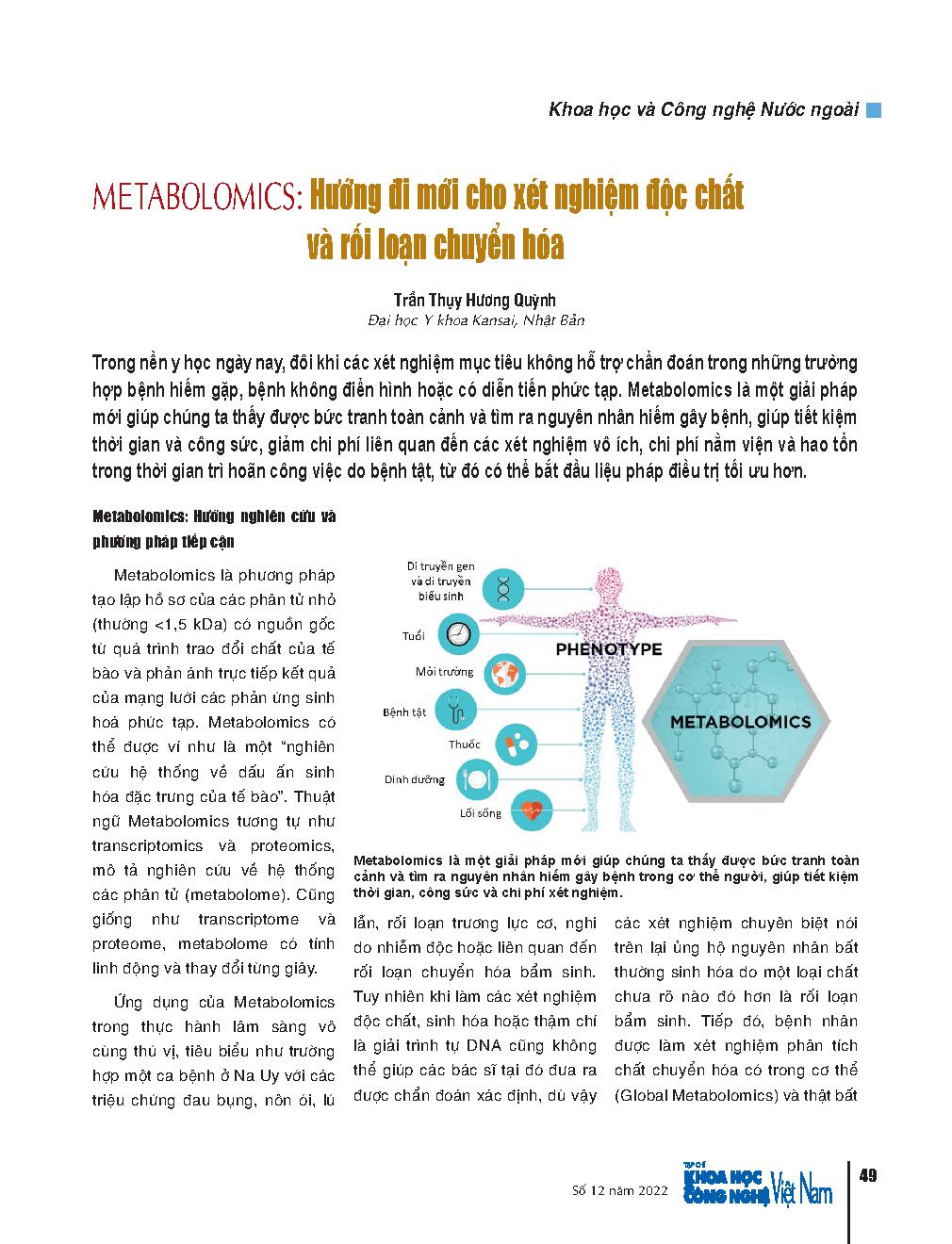Metabolomics: Hướng đi mới cho xét nghiệm độc chất và rối loạn chuyển hóa = Metabolomics: New directions for toxicology and metabolic testing