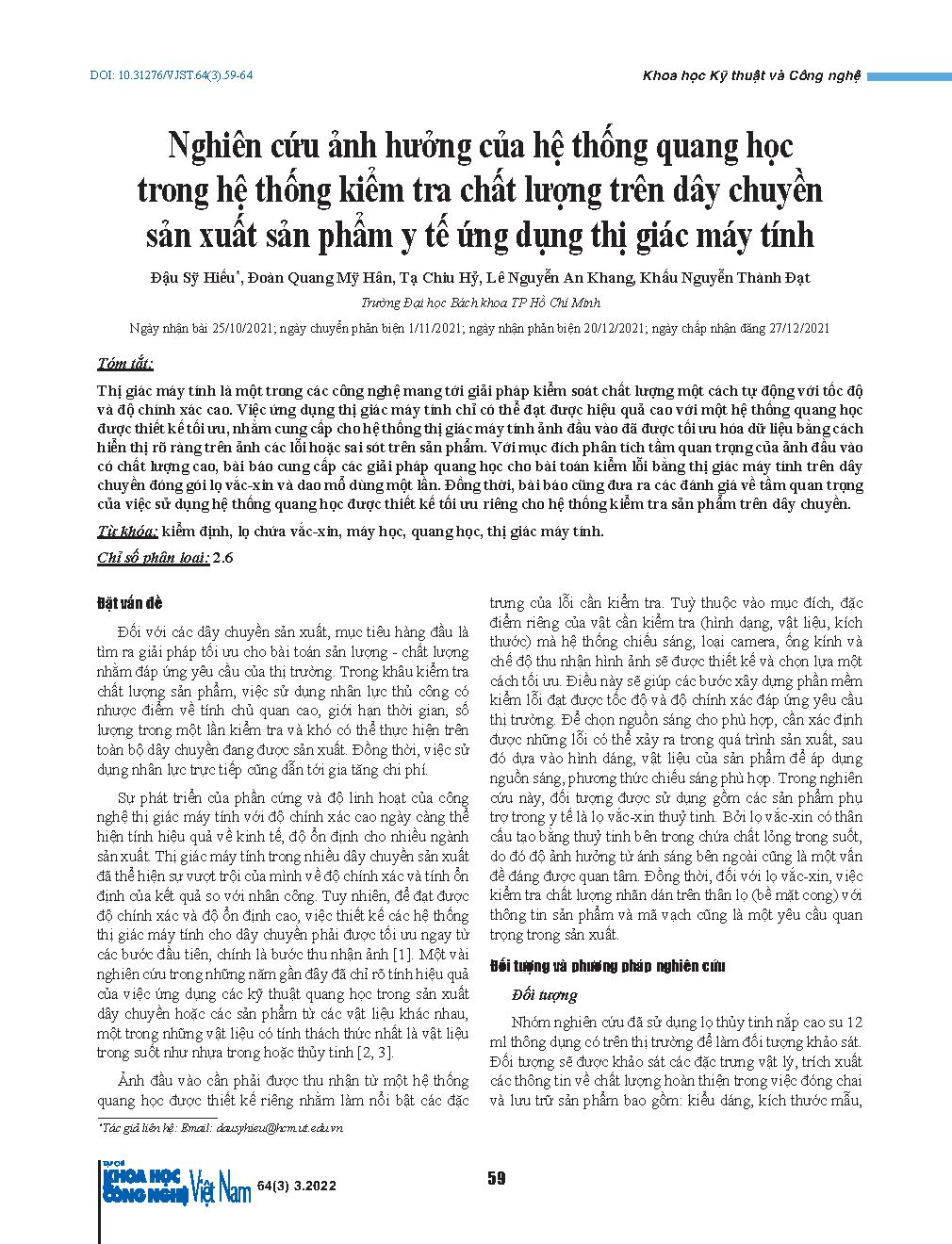 Nghiên cứu ảnh hưởng của hệ thống quang học trong hệ thống kiểm tra chất lượng trên dây chuyền sản xuất sản phẩm y tế ứng dụng thị giác máy tính = Studying the effect of optical system in quality control system of the medical instruments production applyi