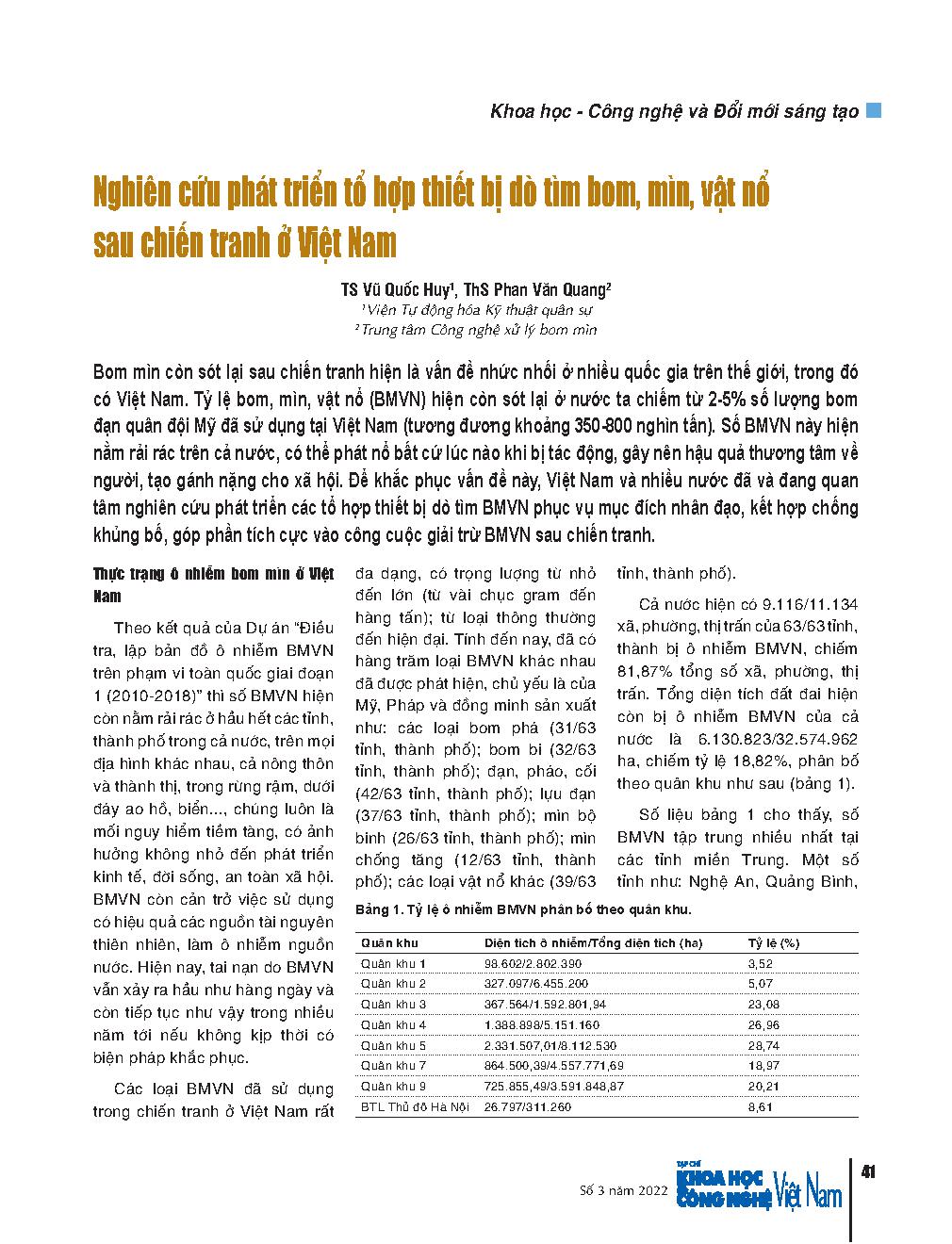 Nghiên cứu phát triển tổ hợp thiết bị dò tìm bom, mìn, vật nổ sau chiến tranh ở Việt Nam