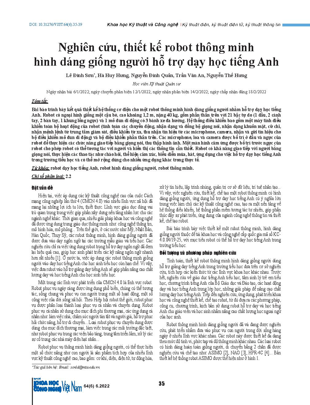 Nghiên cứu, thiết kế robot thông minh hình dáng giống người hỗ trợ dạy học tiếng Anh = Researching and designing an intelligent humanoid robot for teaching English language