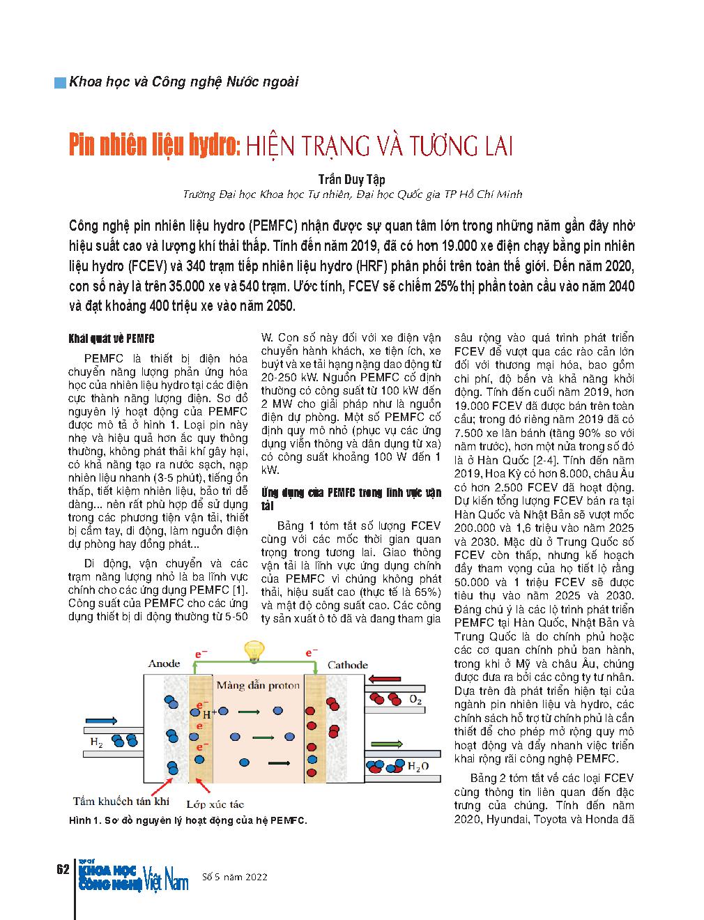 Pin nhiên liệu hydro: Hiện trạng và tương lai = Hydrogen fuel cells: Present and future