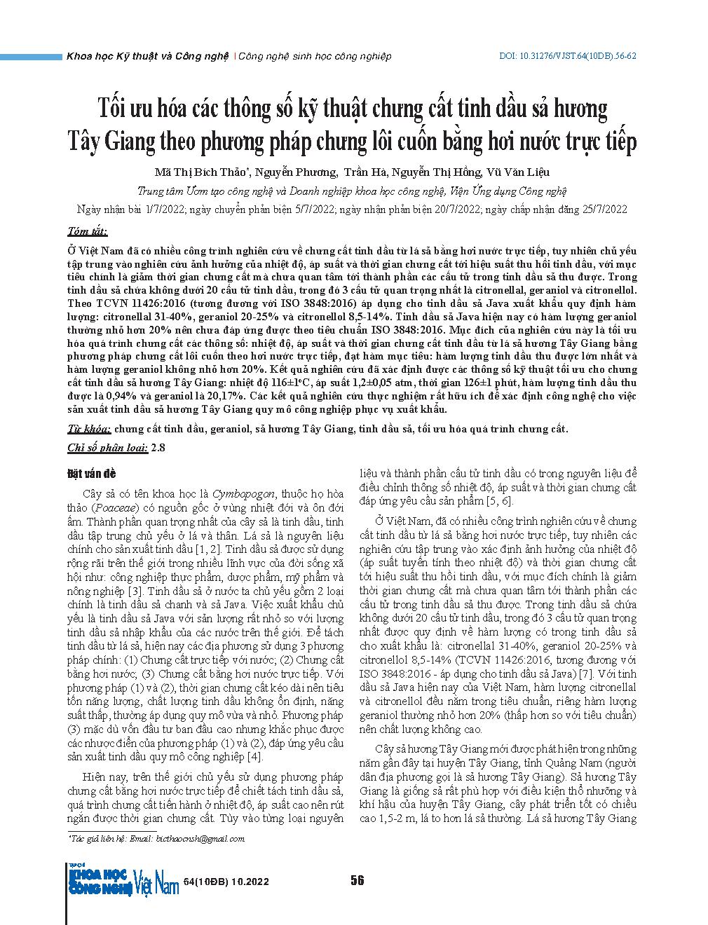 Tối ưu hóa các thông số kỹ thuật chưng cất tinh dầu sả hương Tây Giang theo phương pháp chưng lôi cuốn bằng hơi nước trực tiếp = Optimisation of distillation process parameters for extraction of Tay Giang citronella essential oil by direct steam distillat