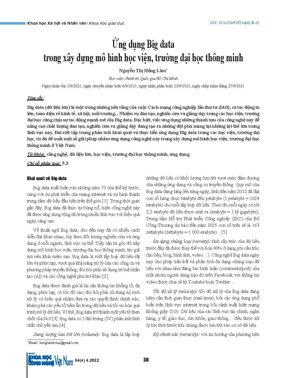 Ứng dụng Big data trong xây dựng mô hình học viện, trường đại học thông minh = Application of Big data in the construction of smart academy and university