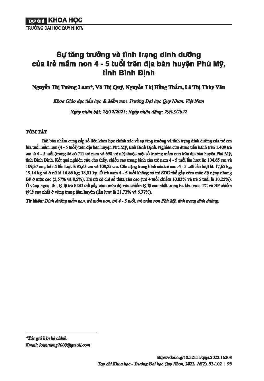 Sự tăng trưởng và tình trạng dinh dưỡng của trẻ mầm non 4 – 5 tuổi trên địa bàn huyện Phù Mỹ, tỉnh Bình Định