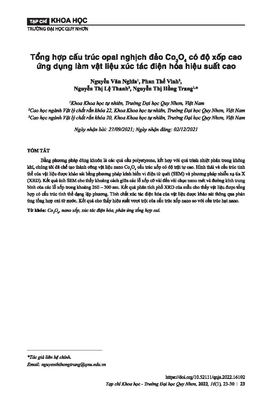 Tổng hợp cấu trúc opal nghịch đảo Co3O4 có độ xốp cao ứng dụng làm vật liệu xúc tác điện hóa hiệu suất cao