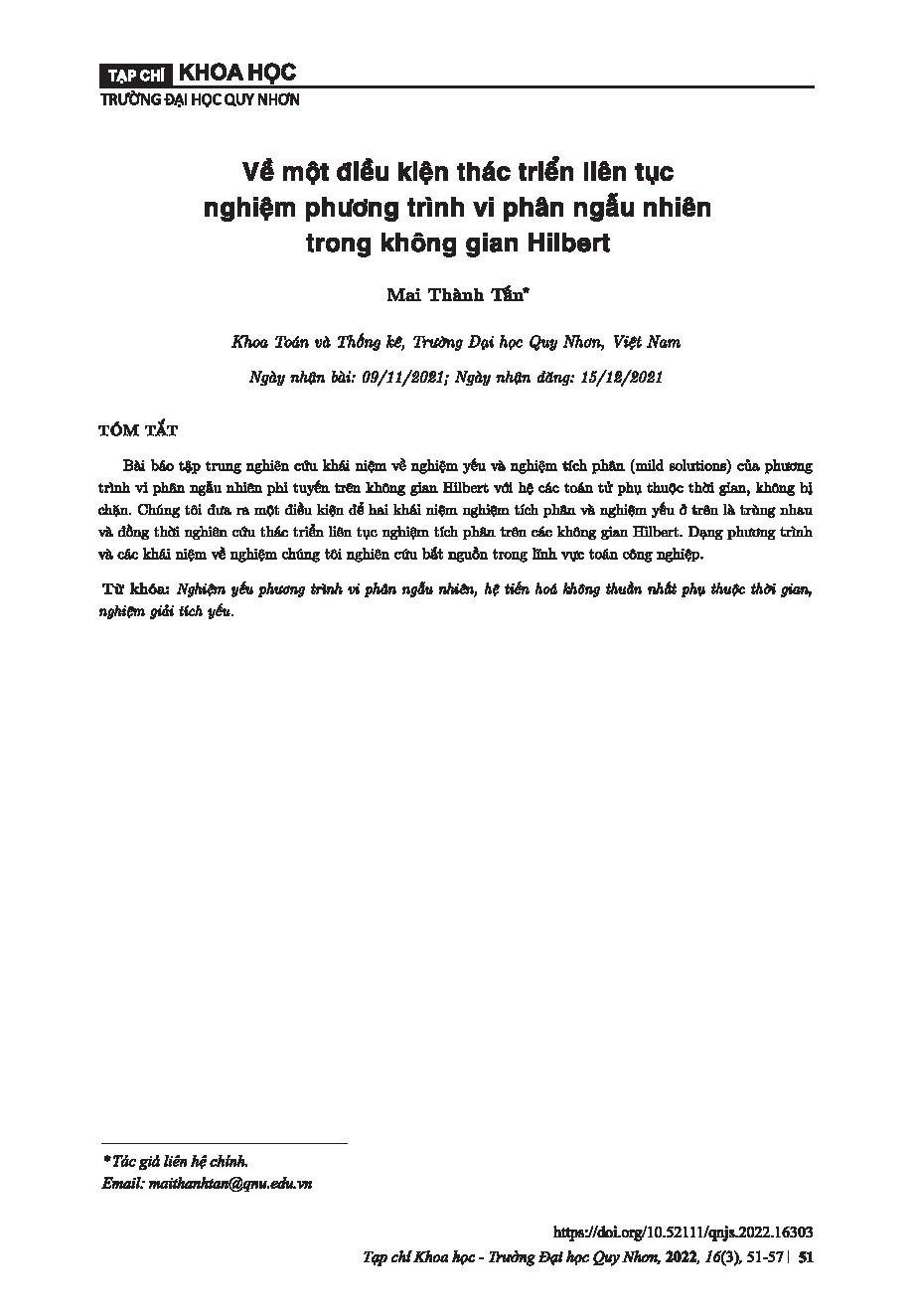 Về một điều kiện thác triển liên tục nghiệm phương trình vi phân ngẫu nhiên trong không gian Hilbert