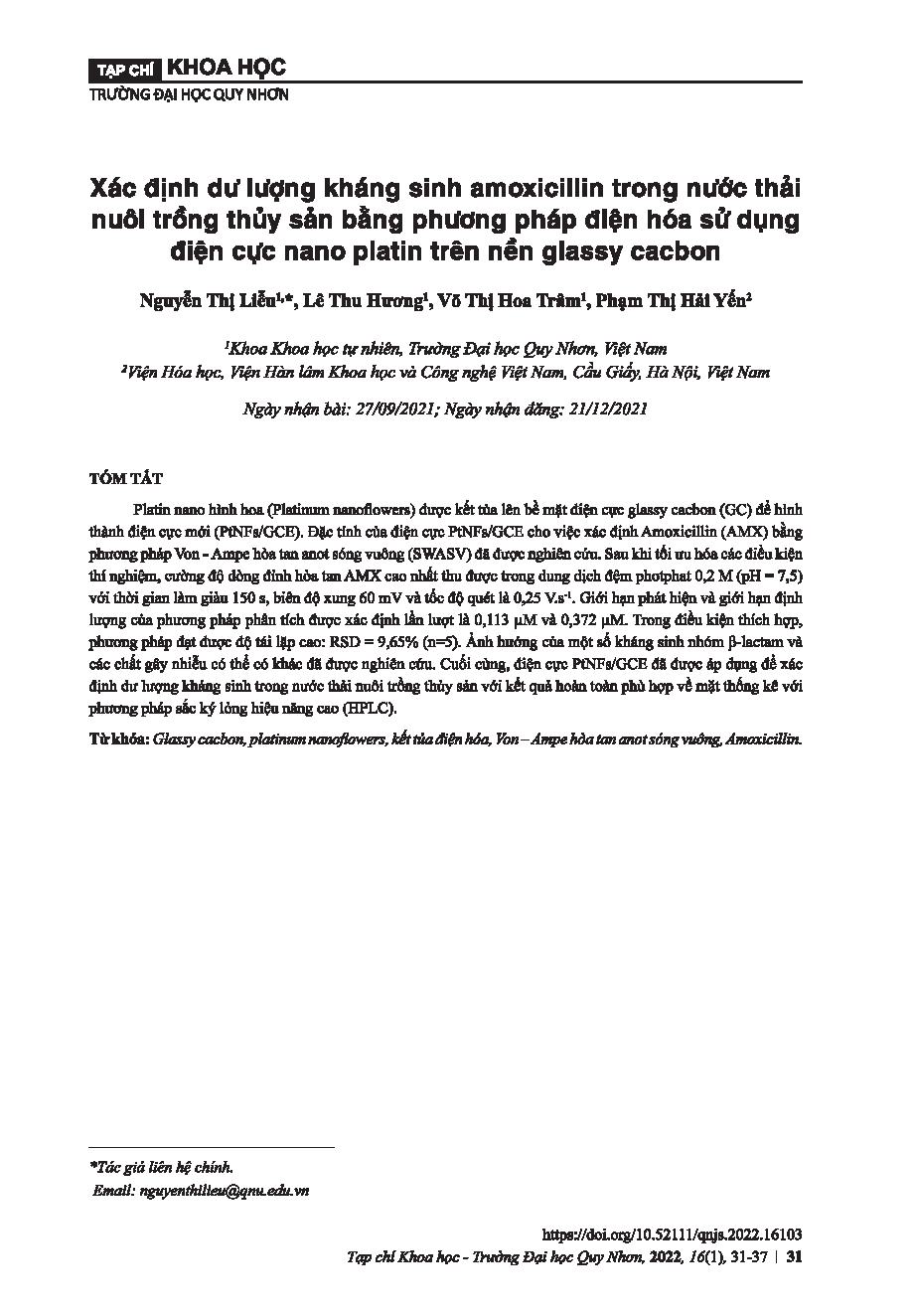 Xác định dư lượng kháng sinh amoxicillin trong nước thải nuôi trồng thủy sản bằng phương pháp điện hóa sử dụng điện cực nano platin trên nền glassy cacbon