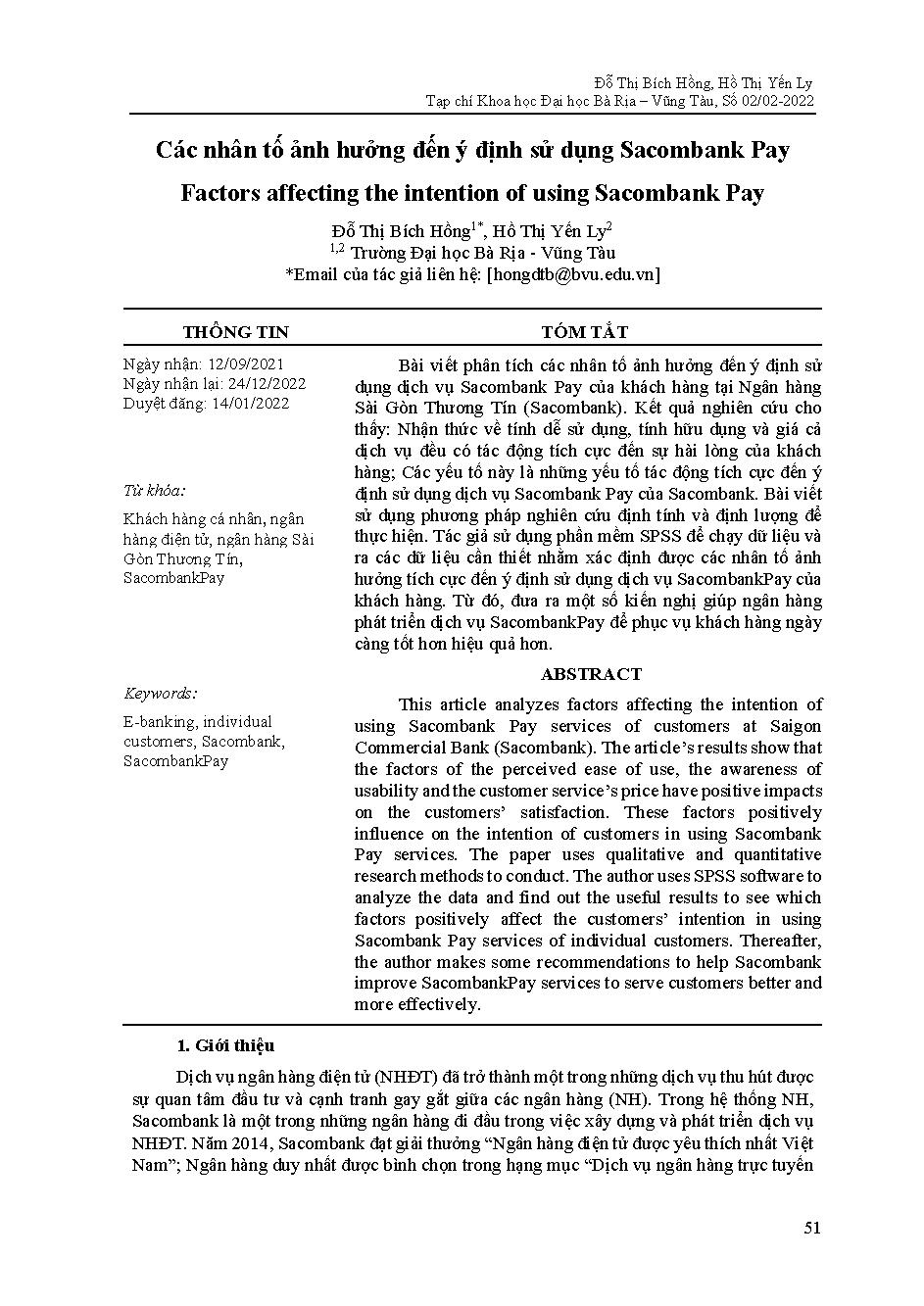 Các nhân tố ảnh hưởng đến ý định sử dụng Sacombank Pay = Factors affecting the intention of using Sacombank Pay