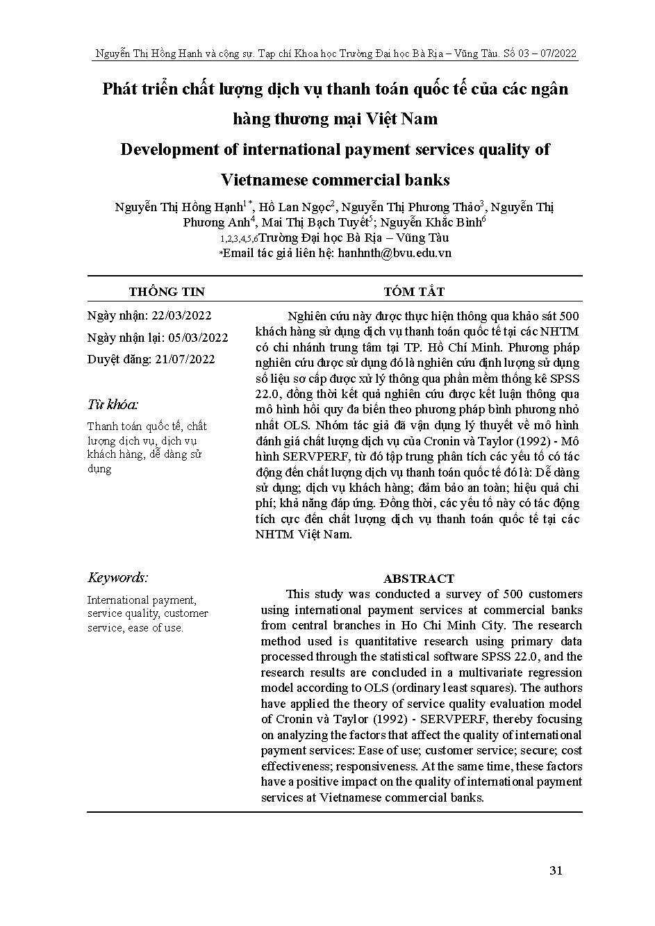 Phát triển chất lượng dịch vụ thanh toán quốc tế của các ngân hàng thương mại Việt Nam = Development of international payment services quality of Vietnamese commercial banks
