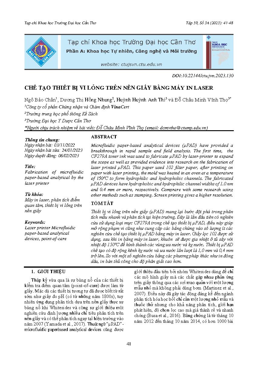 Chế tạo thiết bị vi lỏng trên nền giấy bằng máy in laser = Fabrication of microfluidic paper-based analytical by the laser printer