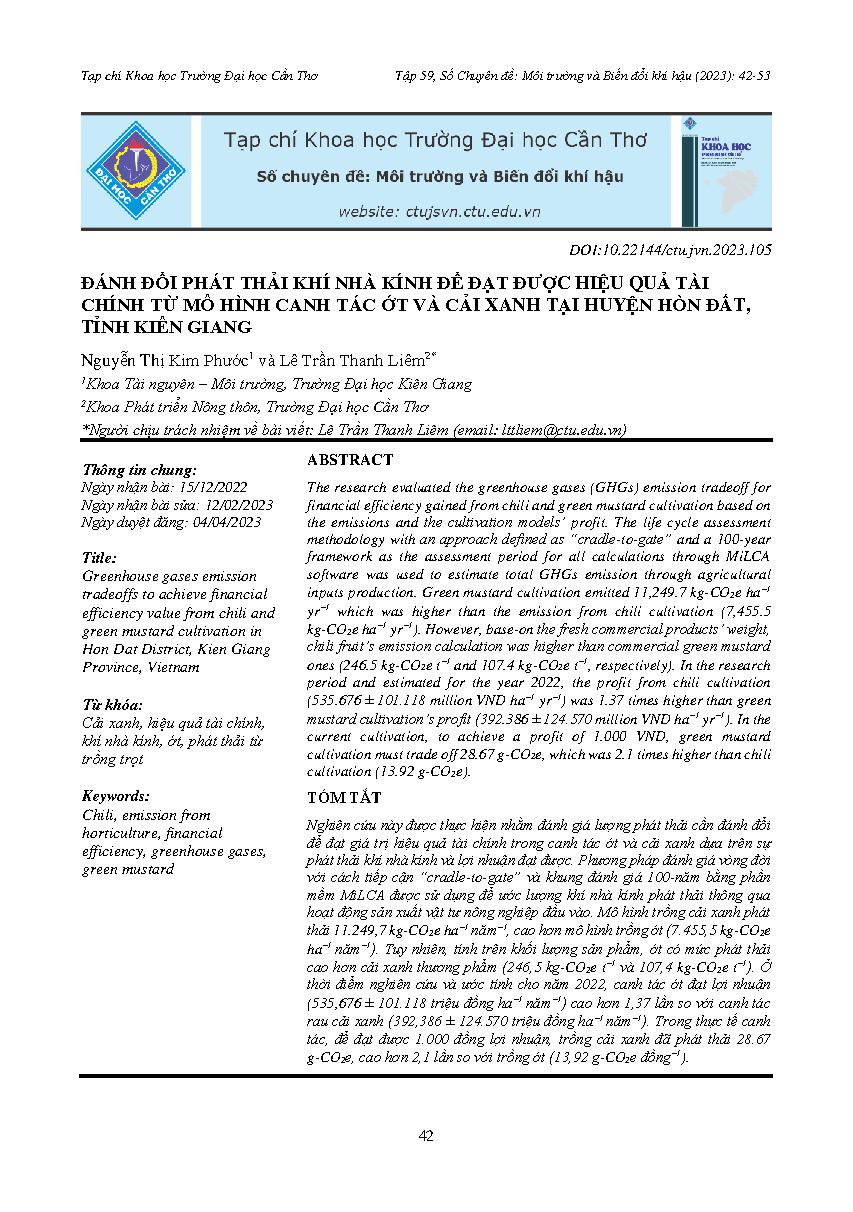 Đánh đổi phát thải khí nhà kính để đạt được hiệu quả tài chính từ mô hình canh tác ớt và cải xanh tại huyện Hòn Đất, tỉnh Kiên Giang = Greenhouse gases emission tradeoffs to achieve financial efficiency value from chili and green mustard cultivation in Ho