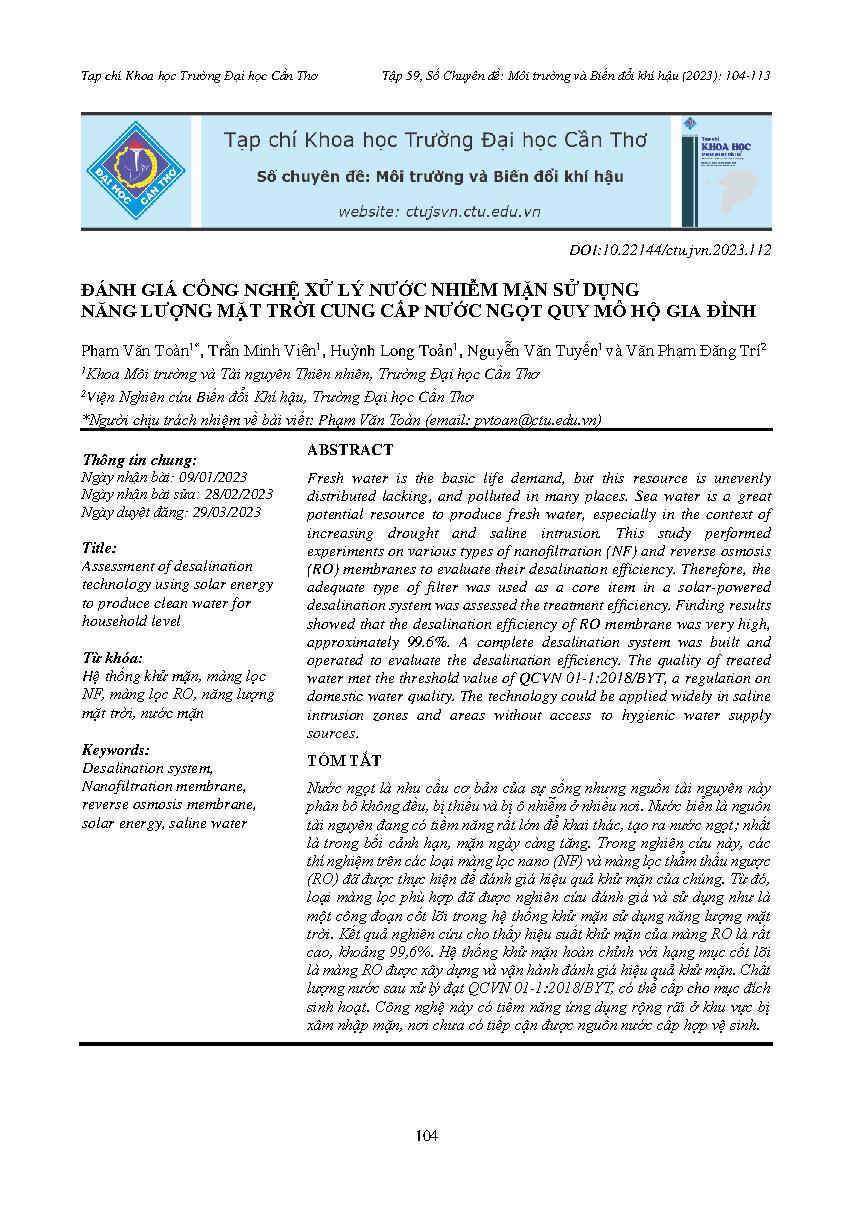 Đánh giá công nghệ xử lý nước nhiễm mặn sử dụng năng lượng mặt trời cung cấp nước ngọt quy mô hộ gia đình = Assessment of desalination technology using solar energy to produce clean water for household level