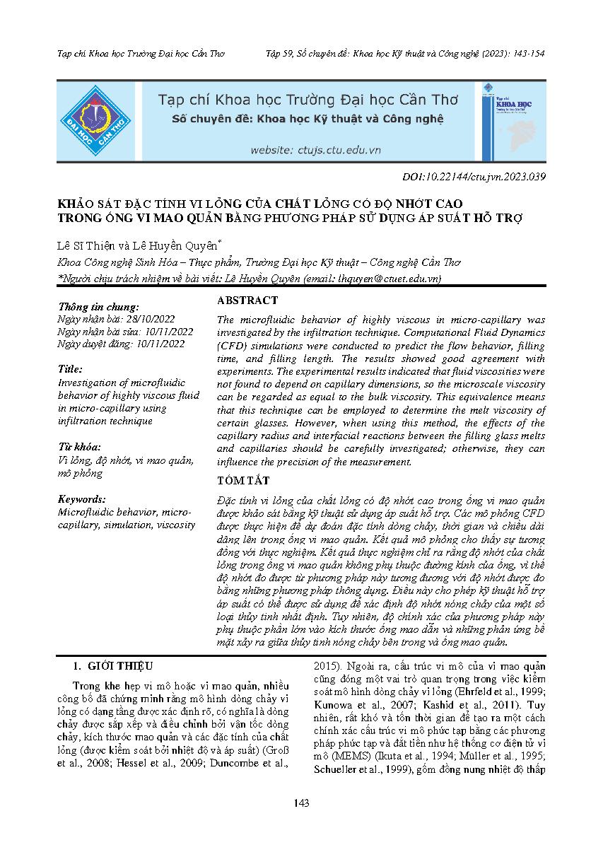 Khảo sát đặc tính vi lỏng của chất lỏng có độ nhớt cao trong ống vi mao quản bằng phương pháp sử dụng áp suất hỗ trợ = Investigation of microfluidic behavior of highly viscous fluid in micro-capillary using infiltration technique