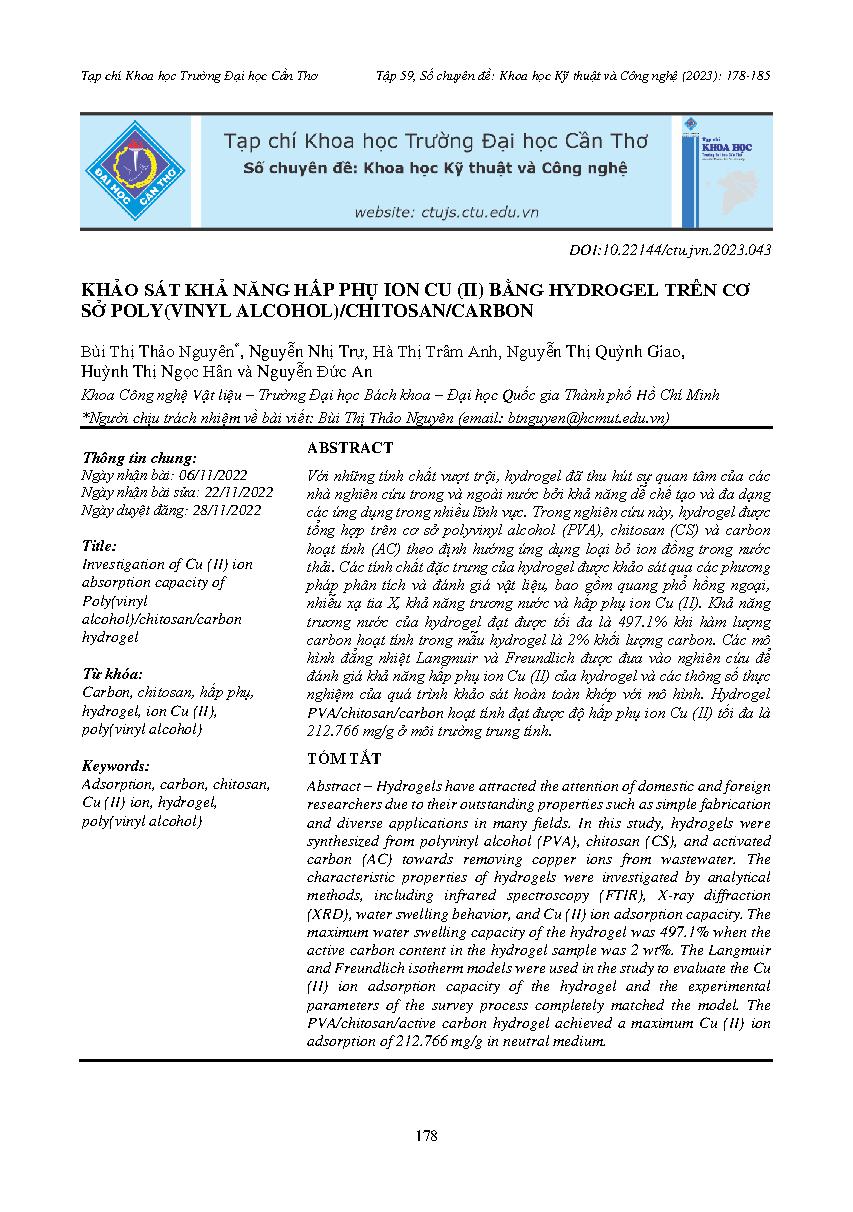Khảo sát khả năng hấp phụ ion Cu (II) bằng hydrogel trên cơ sở Poly(vinyl alcohol)/ chitosan/carbon = Investigation of Cu (II) ion absorption capacity of Poly(vinyl alcohol)/chitosan/carbon hydrogel