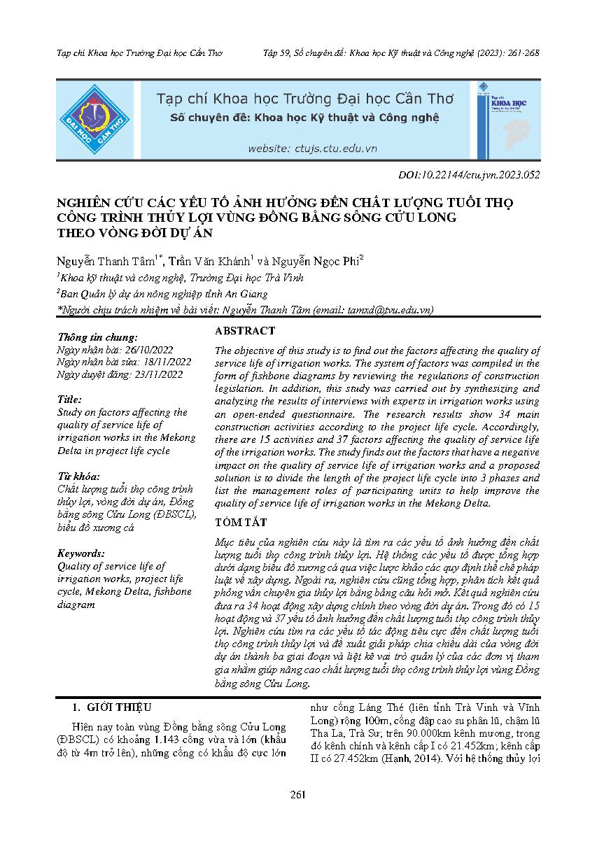 Nghiên cứu các yếu tố ảnh hưởng đến chất lượng tuổi thọ công trình thủy lợi vùng Đồng bằng sông Cửu Long theo vòng đời dự án = Study on factors affecting the quality of service life of irrigation works in the Mekong Delta in project life cycle