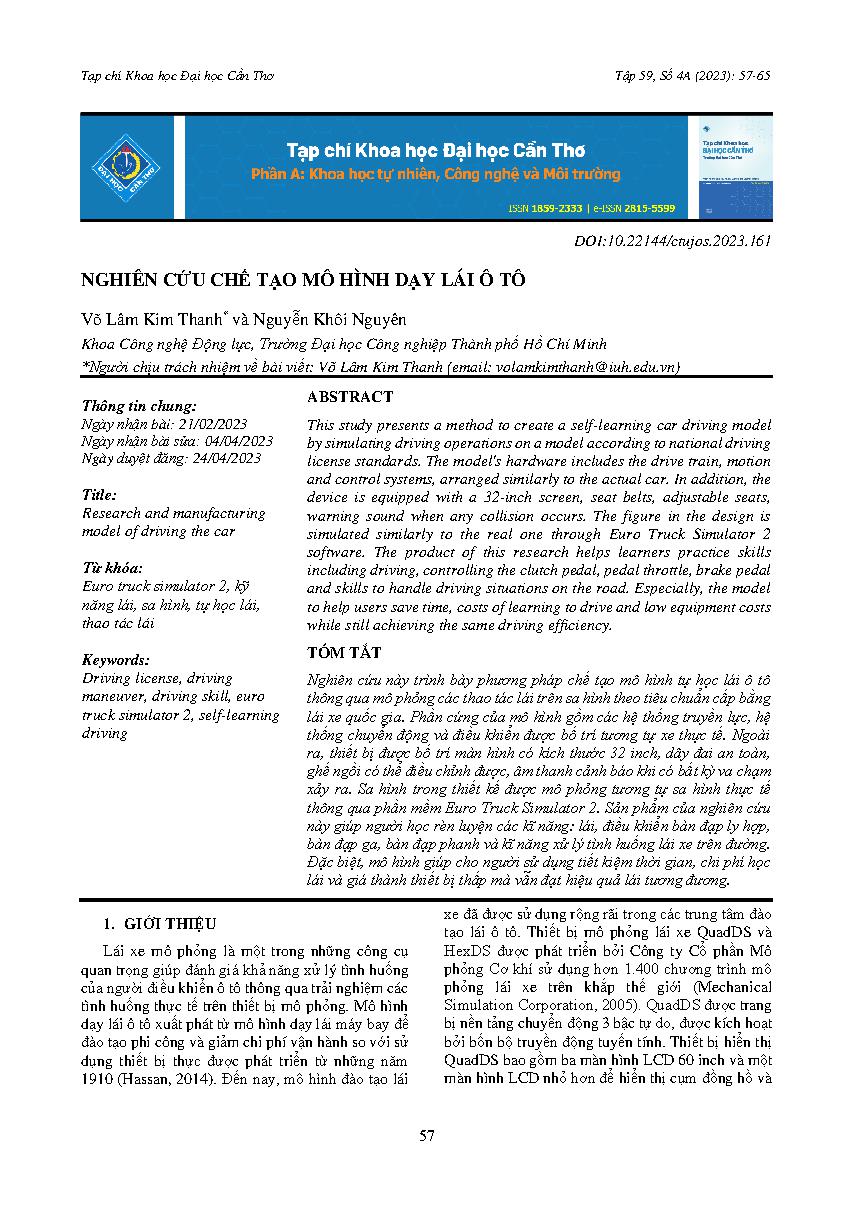 Nghiên cứu chế tạo mô hình dạy lái ô tô = Research and manufacturing model of driving the car