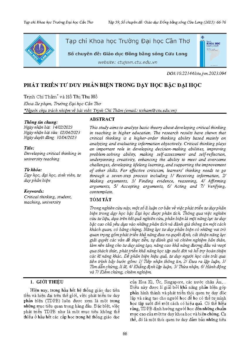 Phát triển tư duy phản biện trong dạy học bậc đại học = Developing critical thinking in university teaching