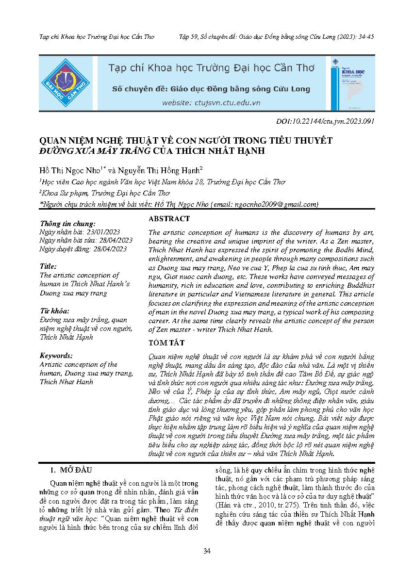 Quan niệm nghệ thuật về con người trong tiểu thuyết Đường xưa mây trắng của Thích Nhất Hạnh = The artistic conception of human in Thich Nhat Hanh's Duong xua may trang
