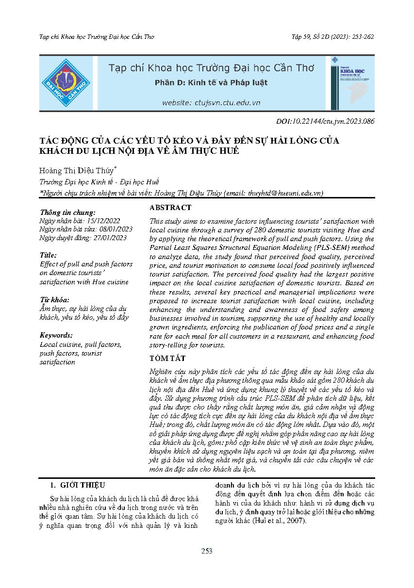 Tác động của các yếu tố kéo và đẩy đến sự hài lòng của khách du lịch nội địa về ẩm thực Huế = Effect of pull and push factors on domestic tourists' satisfaction with Hue cuisine