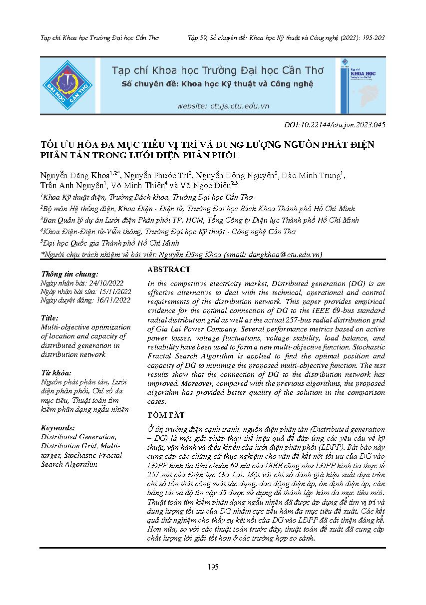 Tối ưu hóa đa mục tiêu vị trí và dung lượng nguồn phát điện phân tán trong lưới điện phân phối = Multi-objective optimization of location and capacity of distributed generation in distribution network