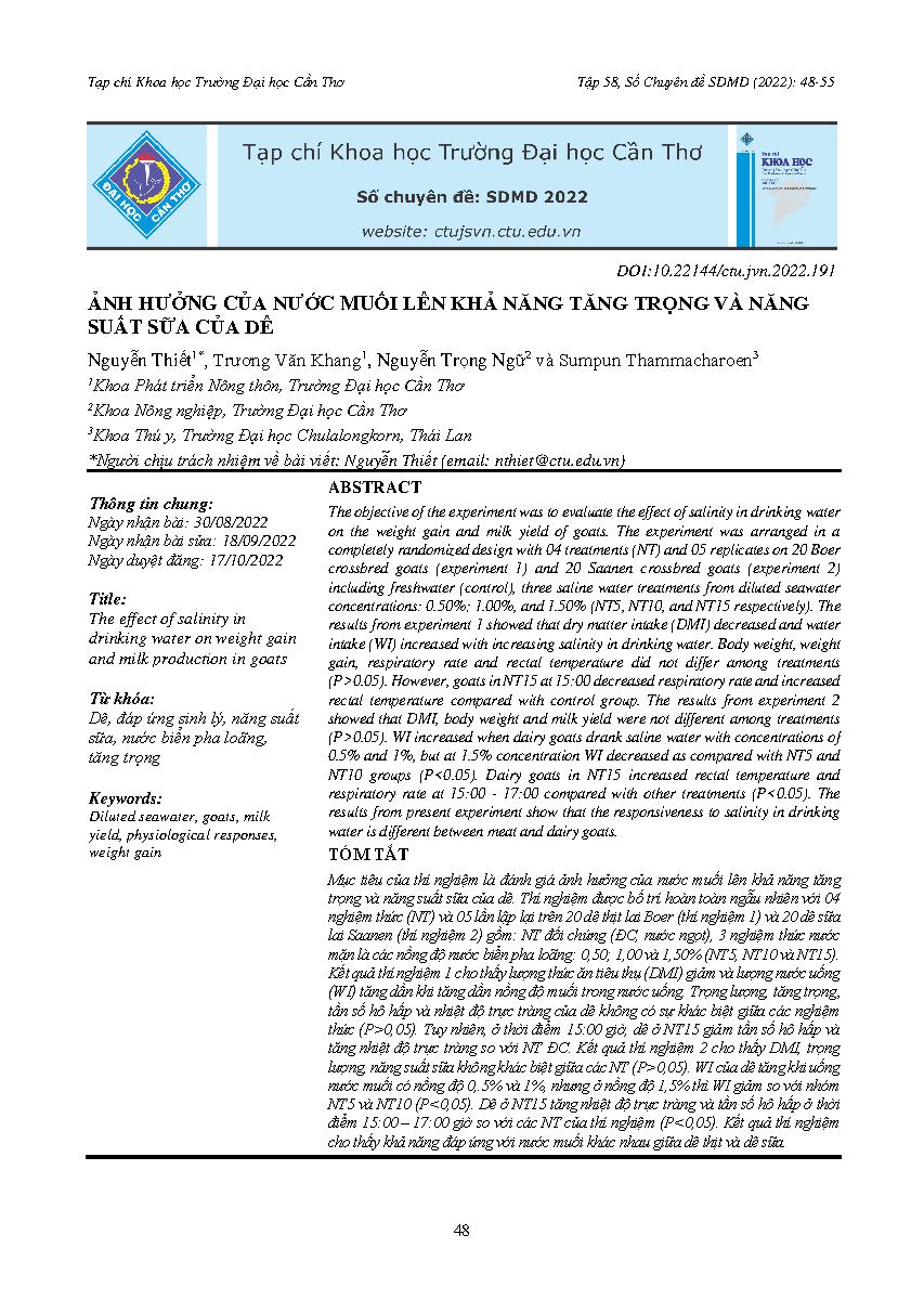 Ảnh hưởng của nước muối lên khả năng tăng trọng và năng suất sữa của dê = The effect of salinity in drinking water on weight gain and milk production in goats