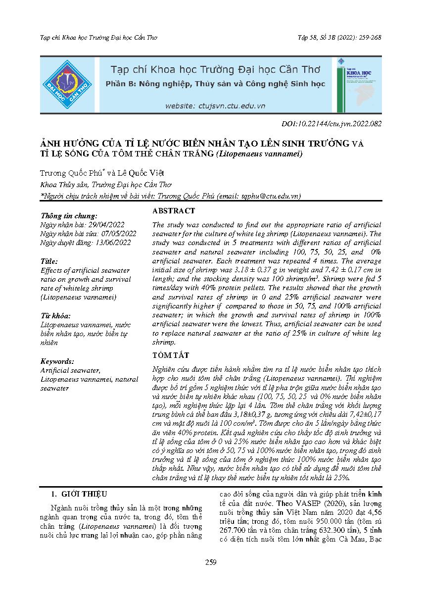 Ảnh hưởng của tỉ lệ nước biển nhân tạo lên sinh trưởng và tỉ lệ sống của tôm thẻ chân trắng (Litopenaeus vannamei) = Effects of artificial seawater ratio on growth and survival rate of whiteleg shrimp (Litopenaeus vannamei)