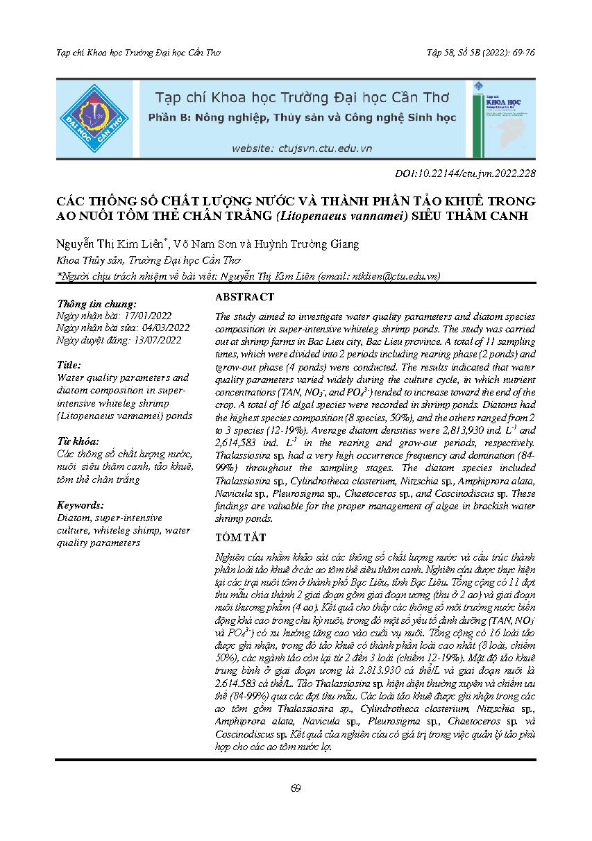 Các thông số chất lượng nước và thành phần tảo khuê trong ao nuôi tôm thẻ chân trắng (Litopenaeus vannamei) siêu thâm canh = Water quality parameters and diatom composition in superintensive whiteleg shrimp (Litopenaeus vannamei) ponds