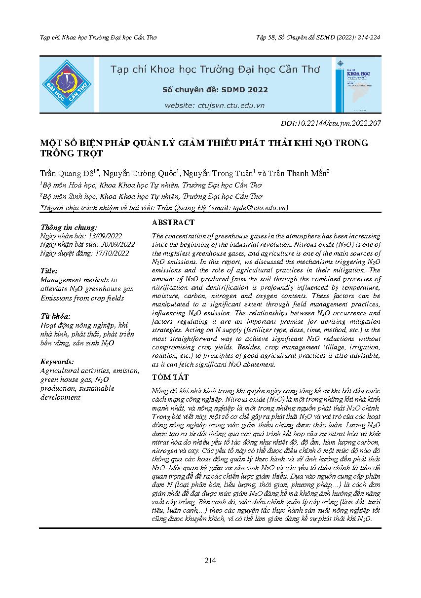 Một số biện pháp quản lý giảm thiểu phát thải khí N2O trong trồng trọt = Management methods to alleviate N2O greenhouse gas Emissions from crop fields