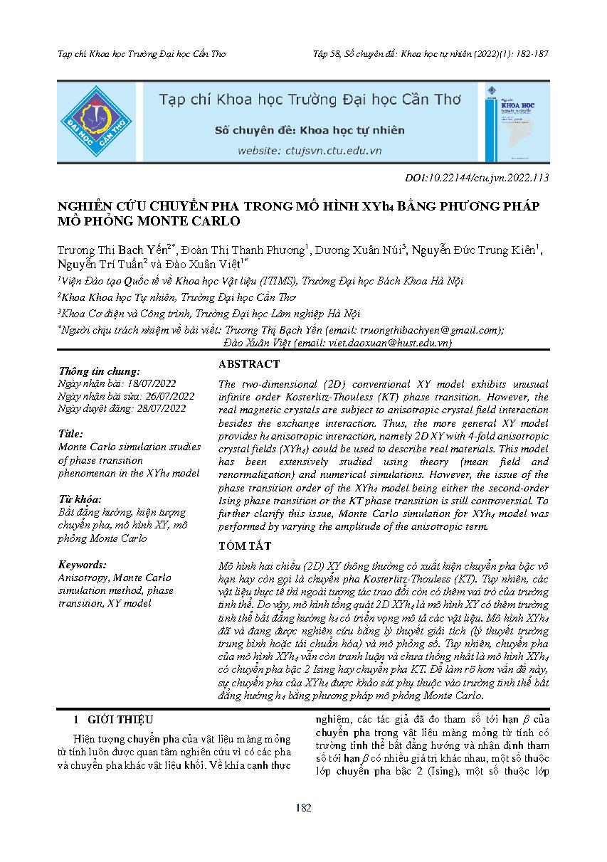 Nghiên cứu chuyển pha trong mô hình XYh4 bằng phương pháp mô phỏng Monte Carlo = Monte Carlo simulation studies of phase transition phenomenan in the XYh4 model